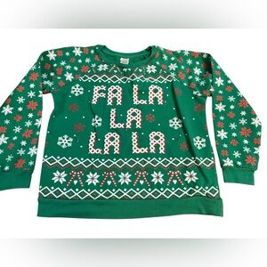 Festive Green Holiday Christmas Sweater with‎ Fa La La La La Graphic Sz M